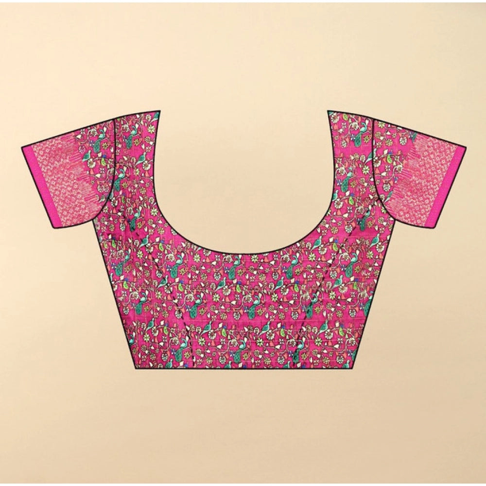 Printed Saree With Unstitched Blouse 5.5Mtr (Blue-Pink)