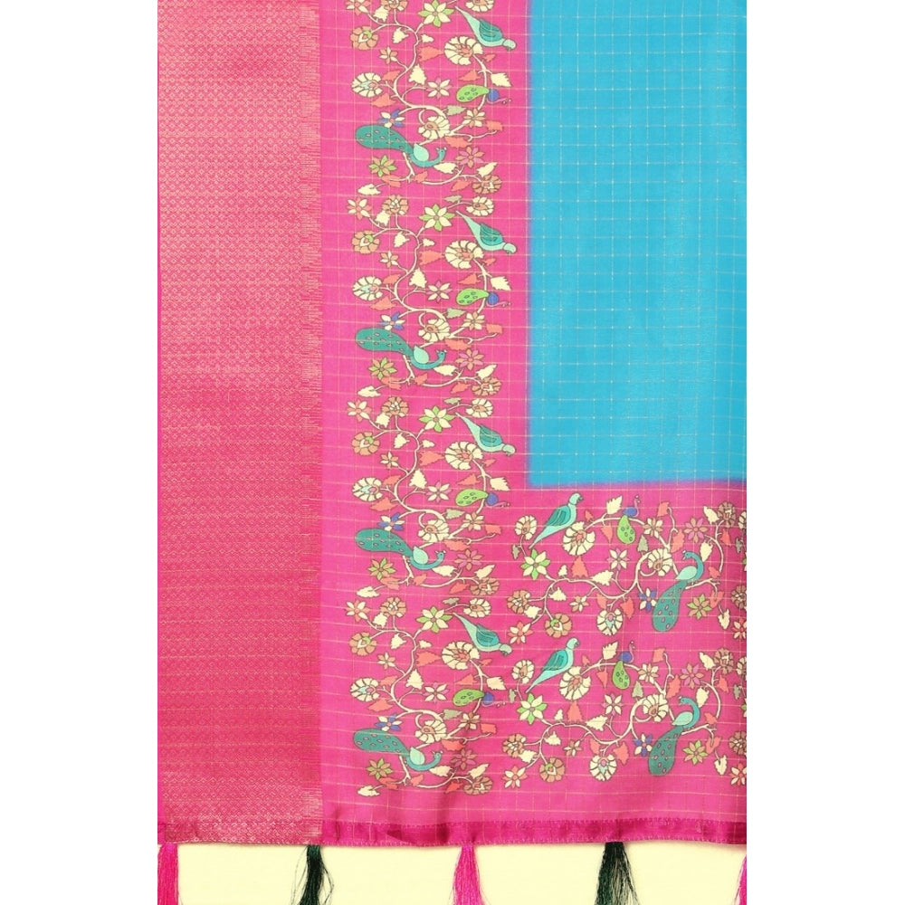 Printed Saree With Unstitched Blouse 5.5Mtr (Blue-Pink)