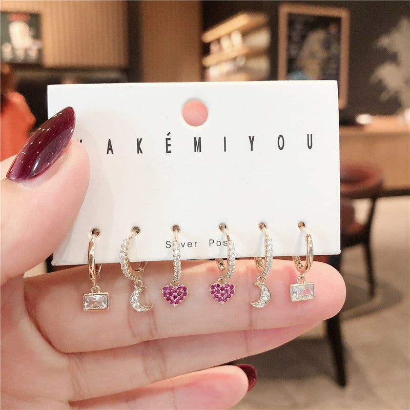 6-Piece Small Love Crystal & Zirconium Earring Set