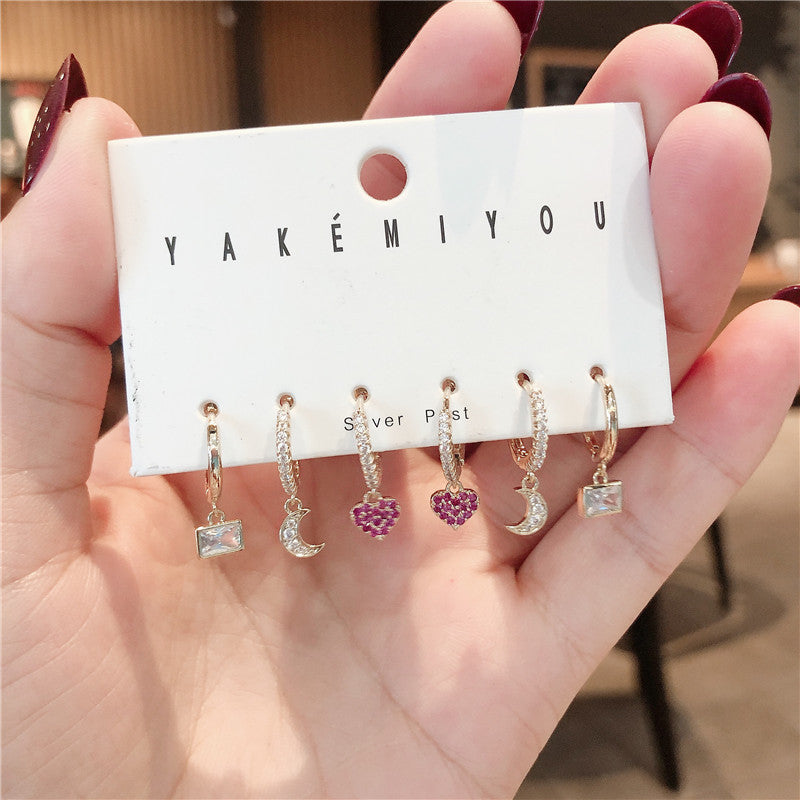 6-Piece Small Love Crystal & Zirconium Earring Set