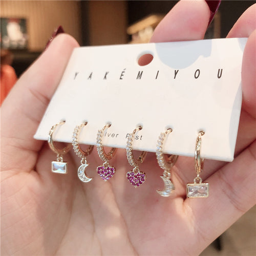 6-Piece Small Love Crystal & Zirconium Earring Set